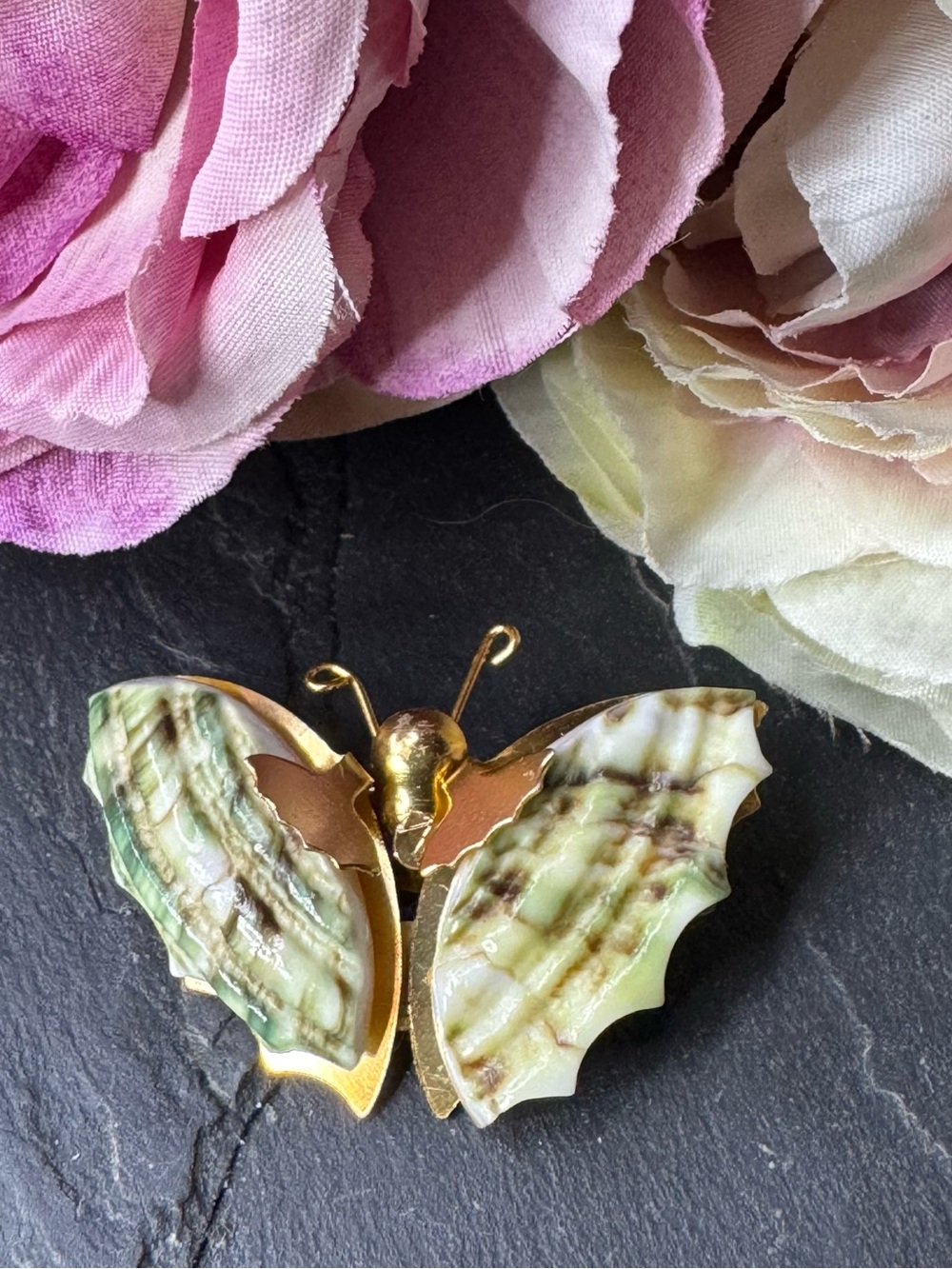 Vintage Gold Butterfly Shell Accent Brooch